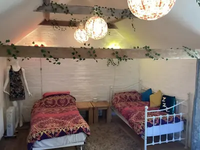 two beds in a room with lights and plants at The Eclectic Coach House in Roydon