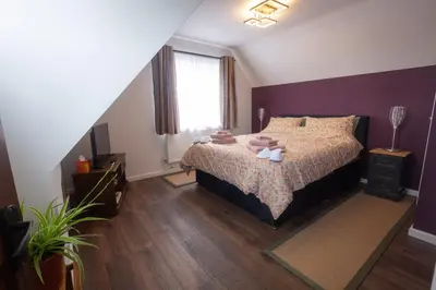 a bedroom with a bed and a purple wall at Lazy Acre, Suffolk in Hopton