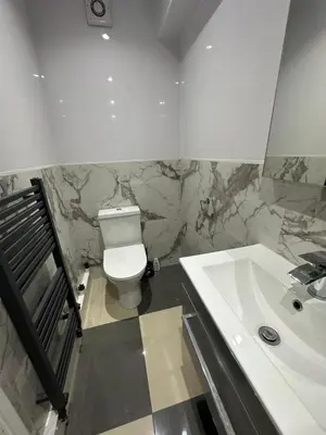 a bathroom with a white toilet and a sink at A Comfortable and Cosy Self Contained Room in Navestock
