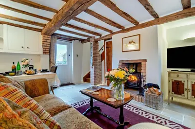 a living room with a couch and a fireplace at 1 Bed in Snape oc-a30669 in Snape