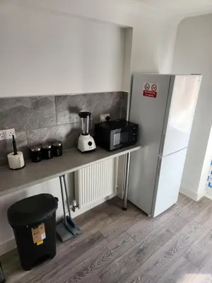 a kitchen with a counter and a refrigerator at Luxurious ensuite rooms in Basildon
