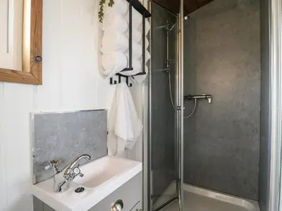 a bathroom with a sink and a shower at Luxury Shepherd Hut with Private Hot Tub in Swaffham Bulbeck