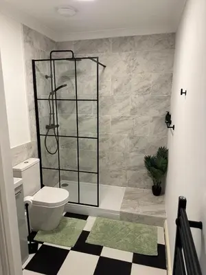 a bathroom with a toilet and a shower in it at Ground floor 1 bed studio apartment Near station in Downham Market