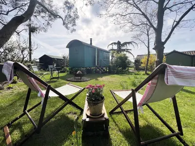 a yard with two chairs and a house with a barn at The Hollies Shepherds Hut by The Suffolk Cottage Collection in Sutton