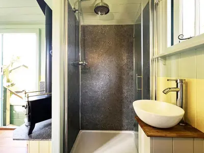a bathroom with a sink and a shower at The Hollies Shepherds Hut by The Suffolk Cottage Collection in Sutton