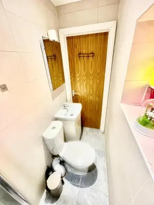 a bathroom with a toilet and a wooden door at Beautiful city centre studio - central location in Cambridge