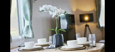 a table with a vase with a white flower in it at Morsh Luxury Caravan Getaway in Colchester