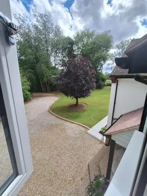 an open door to a driveway with a tree at New Annexe in Gosfied in Gosfield