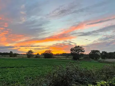 a sunset in a field with a green field at Moglett Cottage in Fincham