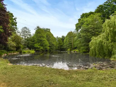 a river with rocks in the water and trees at Spring Vale Bungalow in Colchester