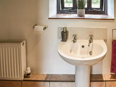 a bathroom with a white sink and a window at Pond View Cottage - Uk48230 in Tibenham