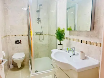 a bathroom with a sink and a shower and a toilet at Spacious 2 Bedroom Sleeps 4 with WiFi & Garden in Cambridge