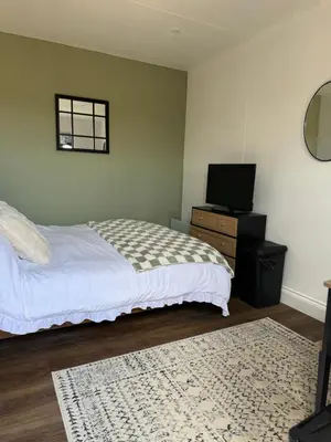 a bedroom with a bed and a television and a rug at The Old Stable in Messing