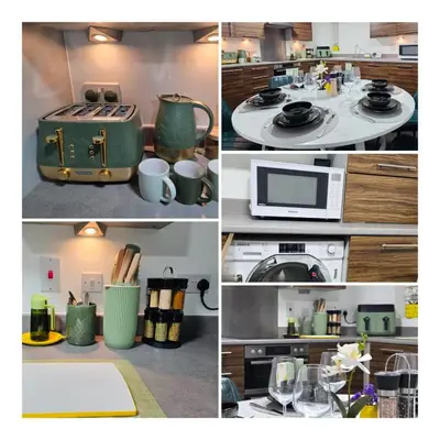 a collage of photos of a kitchen with a stove at Entire 3-Bed Home, 5 mins to City Centre, Sleeps 6, 2 Free Parking in Colchester