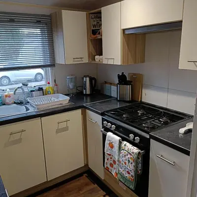 a kitchen with a stove and a sink at Centrix at Seawick Holiday Park in Saint Osyth
