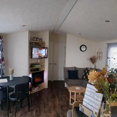 a living room with a couch and a table and a tv at Centrix at Seawick Holiday Park in Saint Osyth
