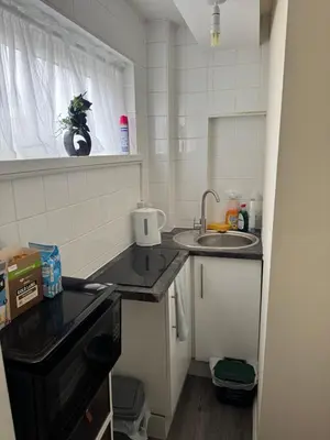 a small kitchen with a sink and a window at Fully en-suite with kitchen