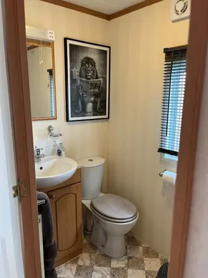 a bathroom with a toilet and a sink at 2 Bedroom Mini Lodge near the beach in Walton-on-the-Naze