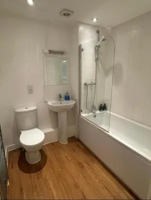 a bathroom with a toilet and a sink and a shower at Hamilton Court in Great Burstead