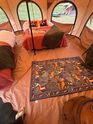 a rug on the floor of a tent at Farm stay belltent activities in Bramfield