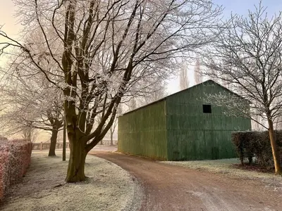 a green barn with a tree next to a dirt road at Lucas farm barn