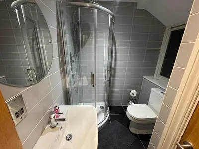 a bathroom with a shower and a sink and a toilet at Apartment in Suffolk in Ipswich