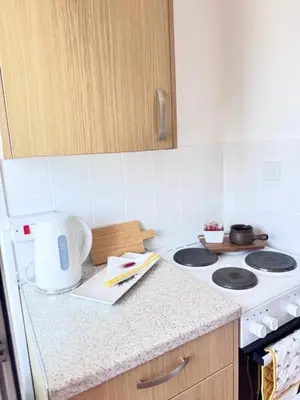 a kitchen with a stove and a counter top at Peaceful Springfield Studio in Chelmsford