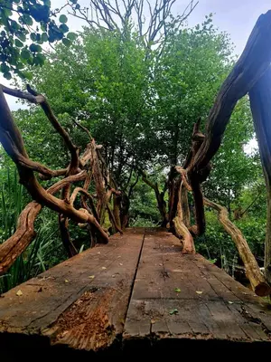 a wooden bridge with trees in the background at offgrid showmans caravan in Kelvedon Hatch