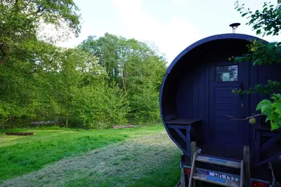 a blue shed with a door in a yard at offgrid showmans caravan in Kelvedon Hatch