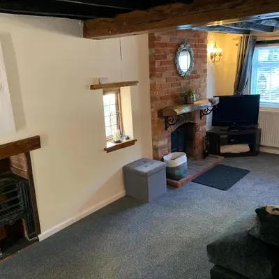 a living room with a fireplace and a television at Rosemary cottage in Mountnessing