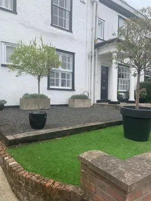 two trees in pots in front of a house at The Annexe Westbury House in Great Dunmow