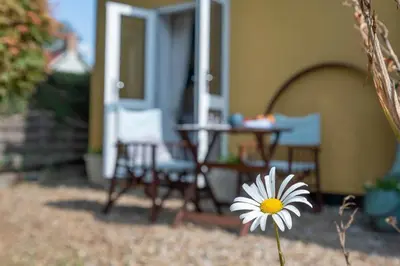 a daisy in front of a house with a table and chairs at Farm View, ground floor bedroom in Kelsale