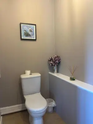 a bathroom with a toilet and a picture on the wall at Cottage nestled in the heart of a stunning Suffolk Village in Chediston