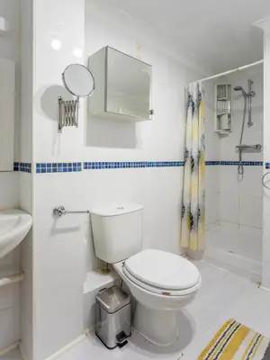 a white bathroom with a toilet and a shower at K Suites - Tollgate Court in Colchester