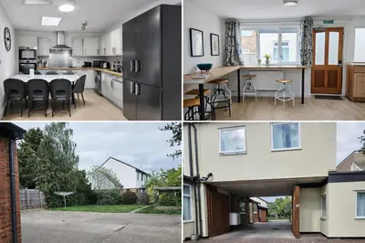 a collage of photos of a kitchen and a house at Free Parking-Modern Rooms in Central Cambridge Guest House by Luxiety Stays Near University in Cambridge