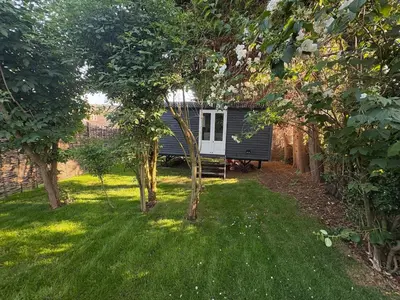 a small cabin in the middle of a yard with trees at Shepherds hut in Holywell Cambridgeshire in Holywell