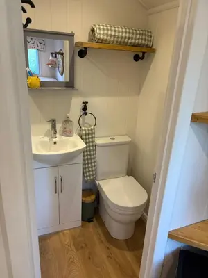 a small bathroom with a toilet and a sink at Shepherds hut in Holywell Cambridgeshire in Holywell