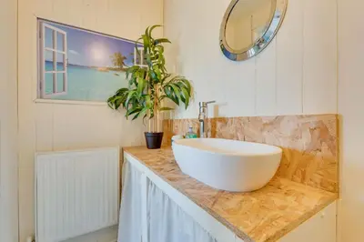 a bathroom with a sink and a plant on a counter at The Old Shoe Shop, 5 Well Lane in Clare