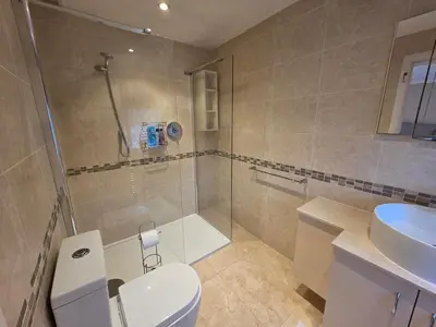 a bathroom with a toilet and a shower and a sink at Elegant 5BDR Executive Home Chigwell in Chigwell