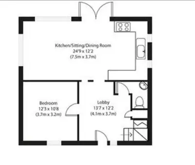 a floor plan of a small house at Lower Marsh Cottage in Brightlingsea