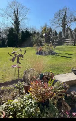 a garden with flowers and a field in the background at Sunnyside Cottage in Great Sampford