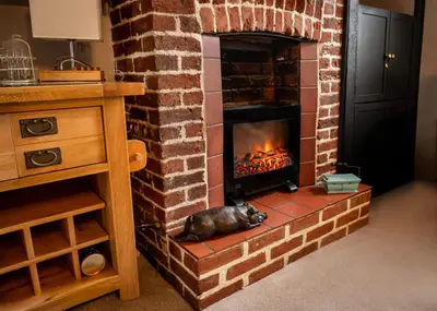 a dog laying in front of a brick fireplace at Old Customs House in Harwich