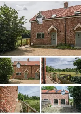 three different views of a brick house at Iris Group Stay 8-BR Free Parking in Wenhaston