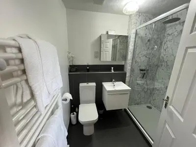 a bathroom with a toilet and a shower and a sink at Charming 1BR Cottage in Aldringham in Aldringham
