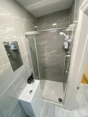 a bathroom with a shower and a sink at Charming Cambridge Studio with Private Garden in Cherry Hinton