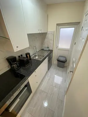 a small kitchen with a sink and a toilet at Charming Cambridge Studio with Private Garden in Cherry Hinton
