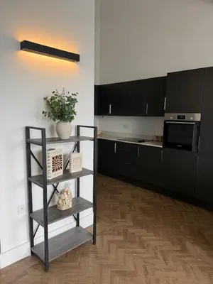 a kitchen with black cabinets and a shelf with a plant at Cosy one bedroom flat in the heart of Chelmsford in Chelmsford