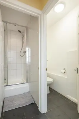a bathroom with a shower and a toilet at Serene 5BR - A Cozy Home Away From Home in Theydon Bois