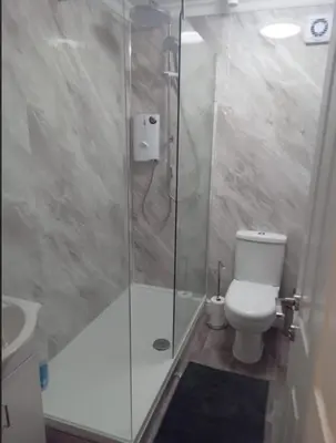 a bathroom with a shower and a toilet and a sink at 2 Bedroom Garden Flat in Halesworth