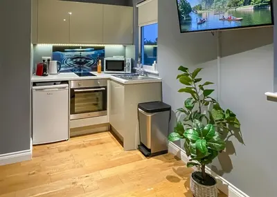 a kitchen with white appliances and a potted plant at Stylish self contained city apartment in Milton
